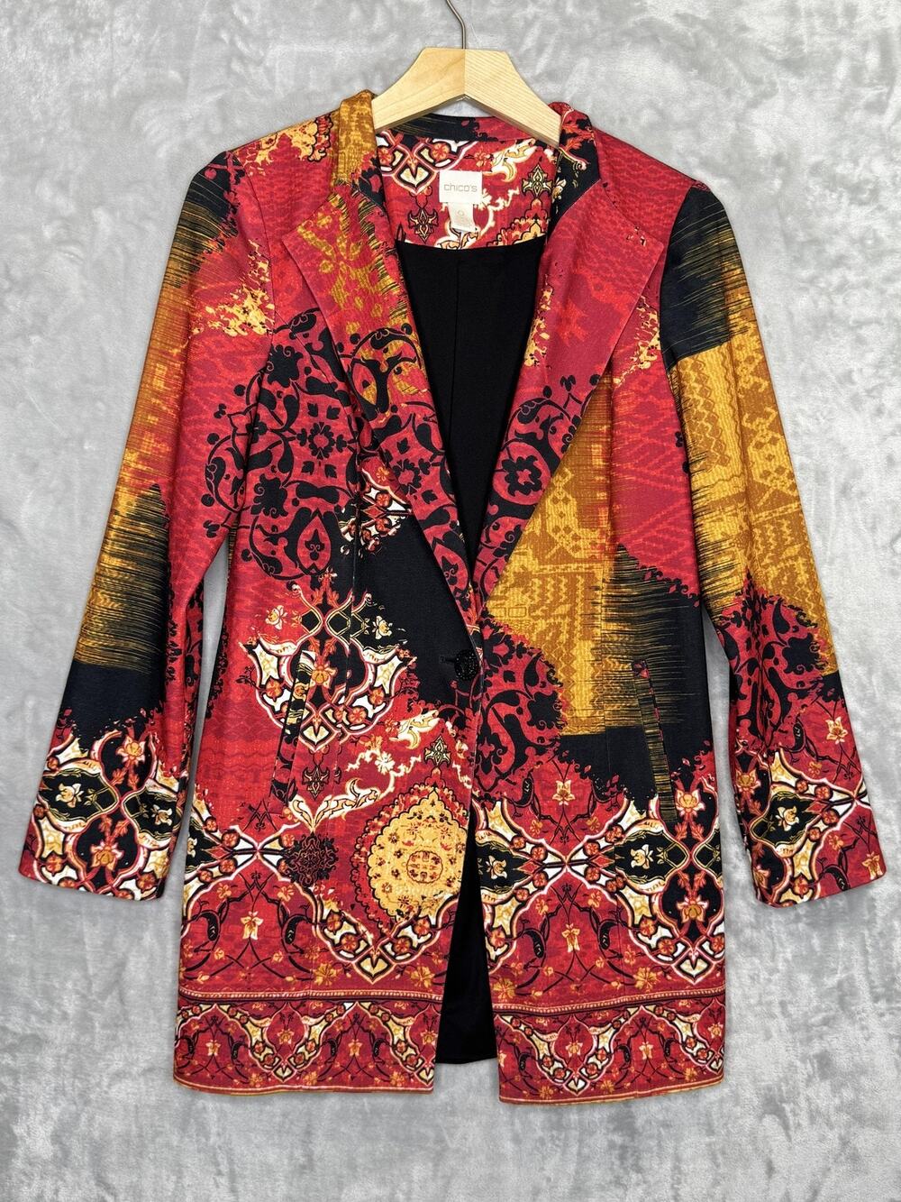 Chico's Blazer Womens 4 Small Red Geometric Print Knit Mid Length Lined Boho